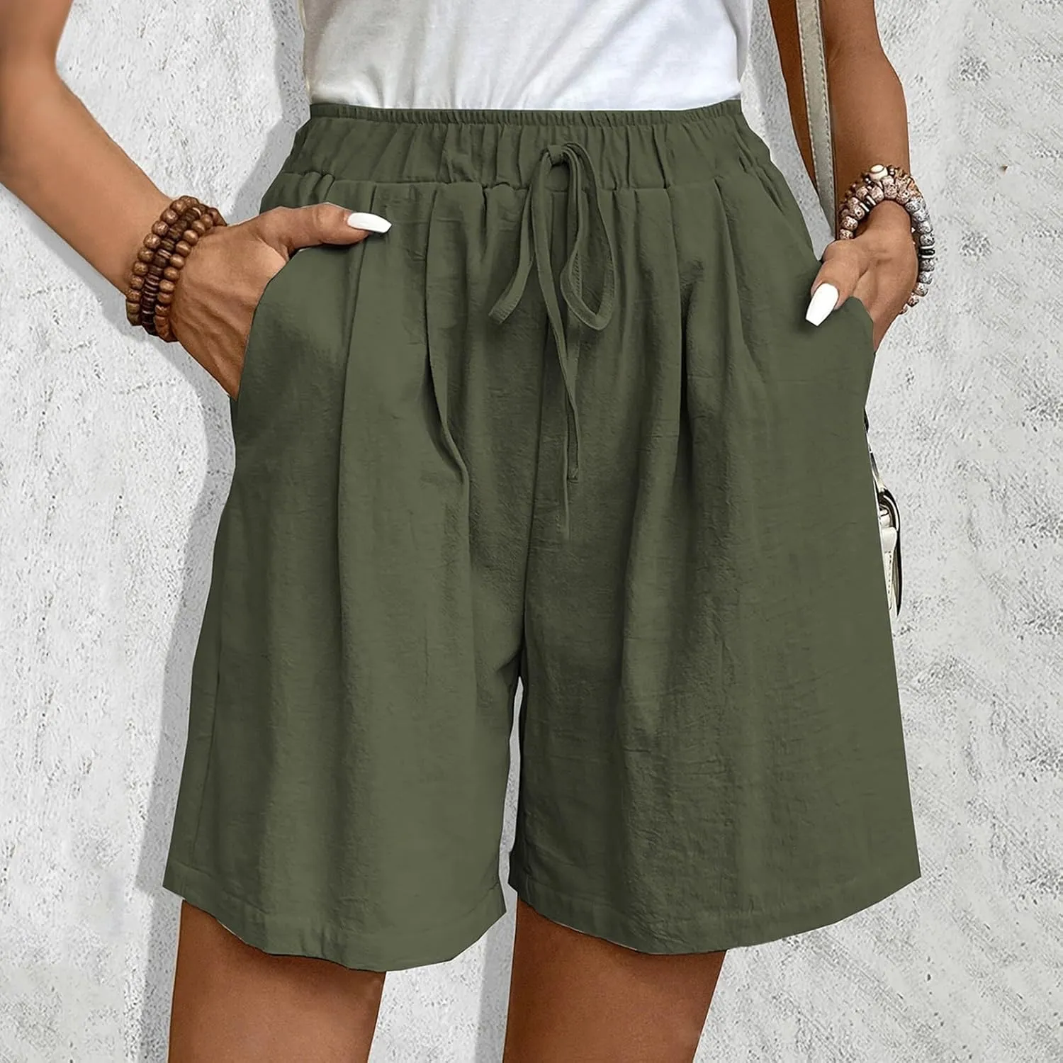Womens Bermuda Linen Shorts Wide Leg Elastic High Waisted Shorts Casual Summer Flowy Trouser Short Pants with Pockets