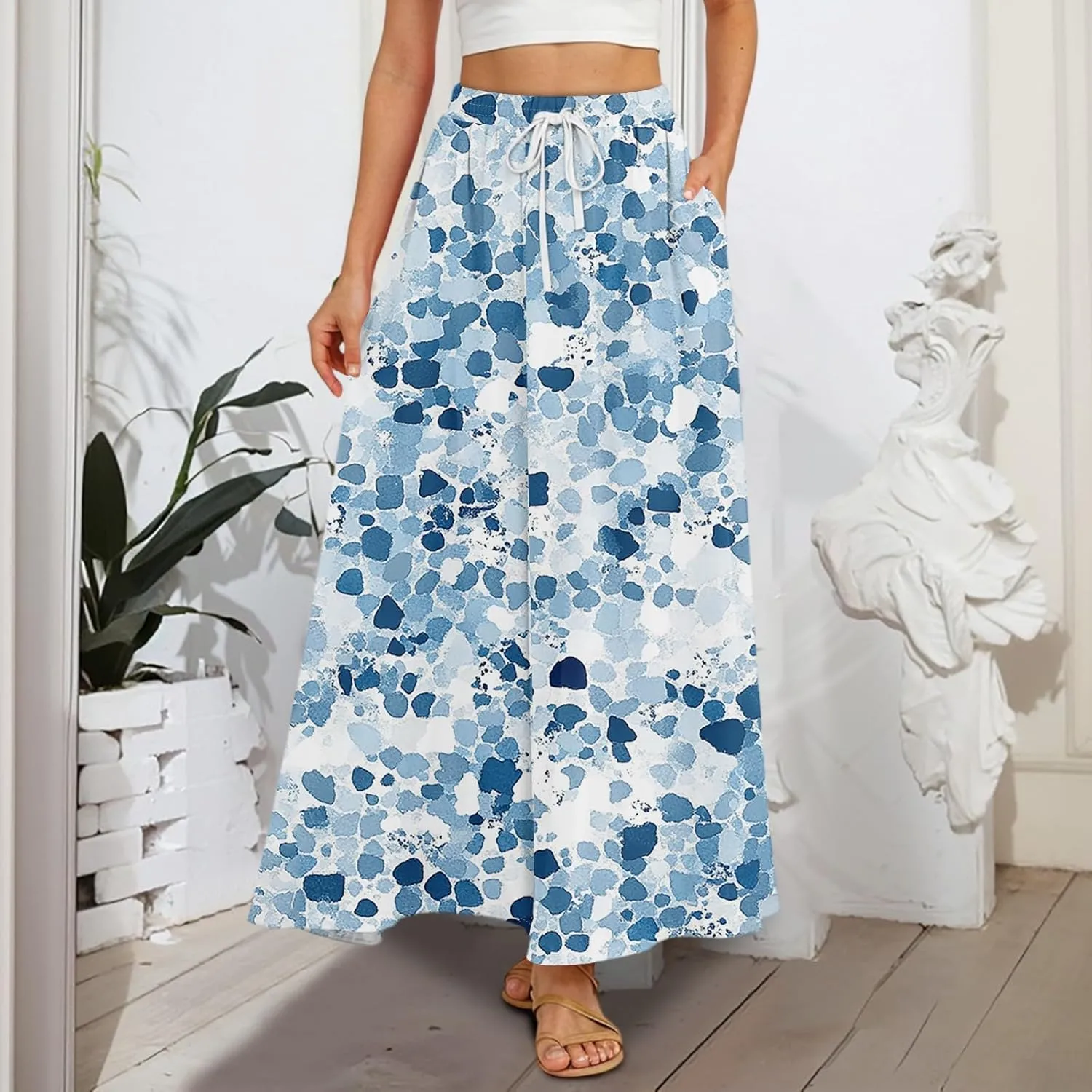 Women's Boho Floral Print Elastic Waist Beach Resort A Line Maxi Skirt with Pocket, S-2XL