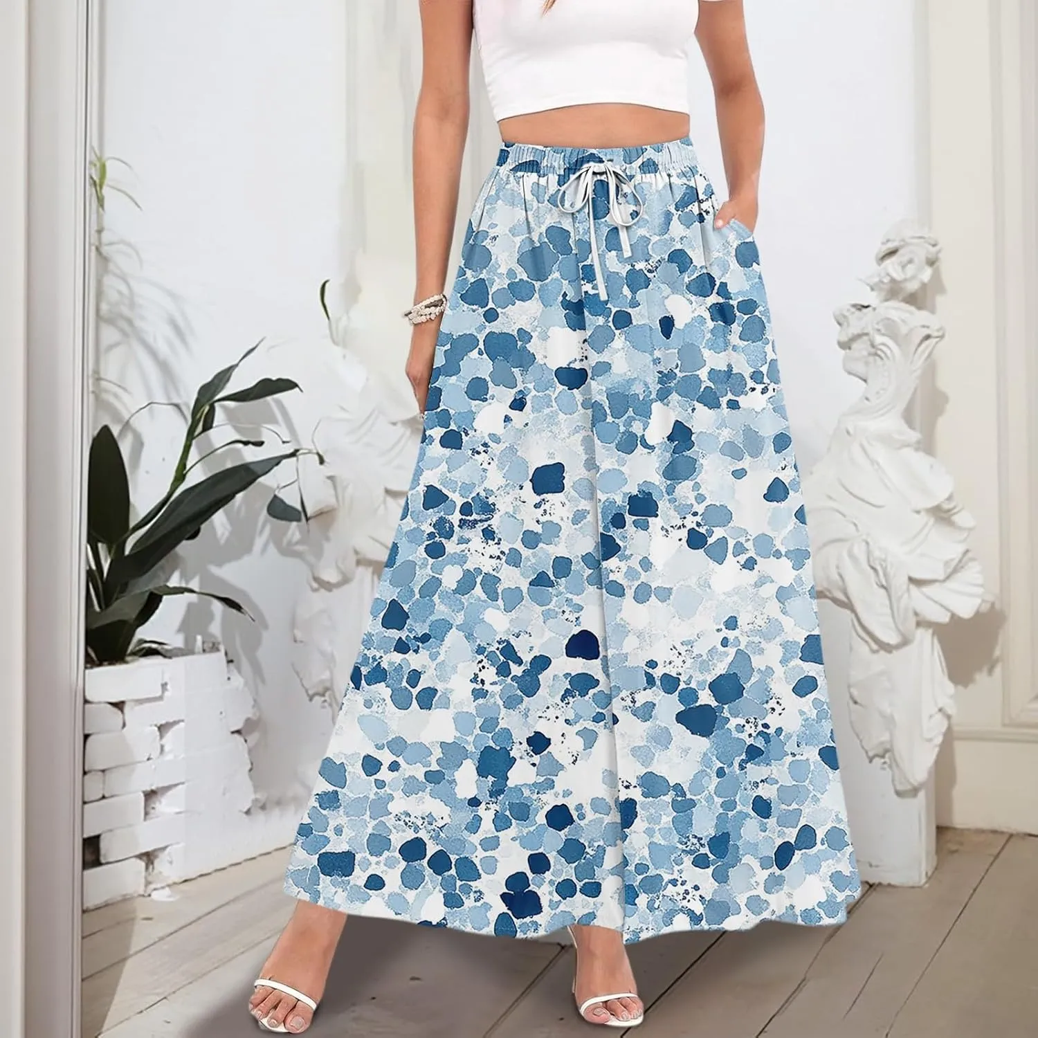 Women's Boho Floral Print Elastic Waist Beach Resort A Line Maxi Skirt with Pocket, S-2XL