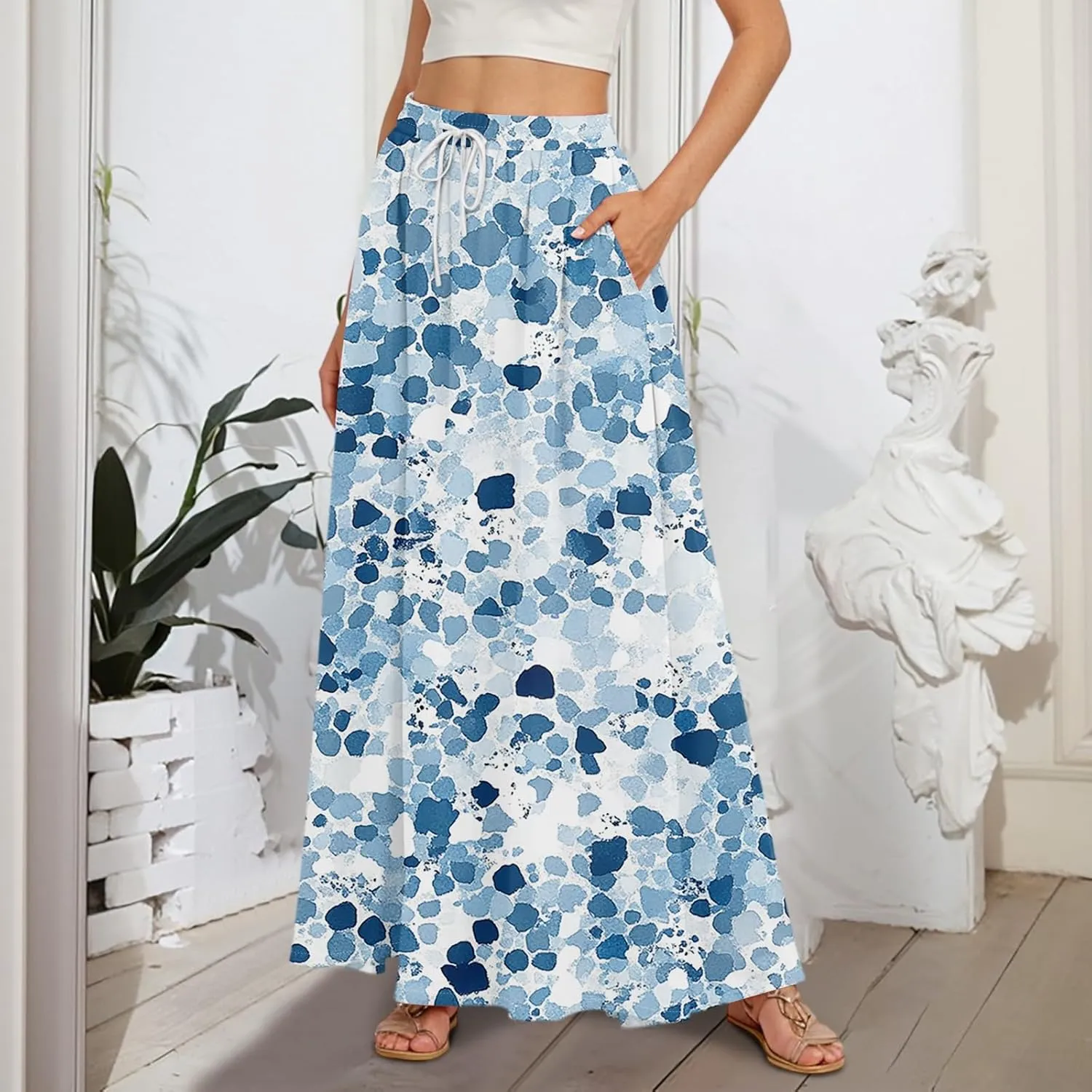 Women's Boho Floral Print Elastic Waist Beach Resort A Line Maxi Skirt with Pocket, S-2XL