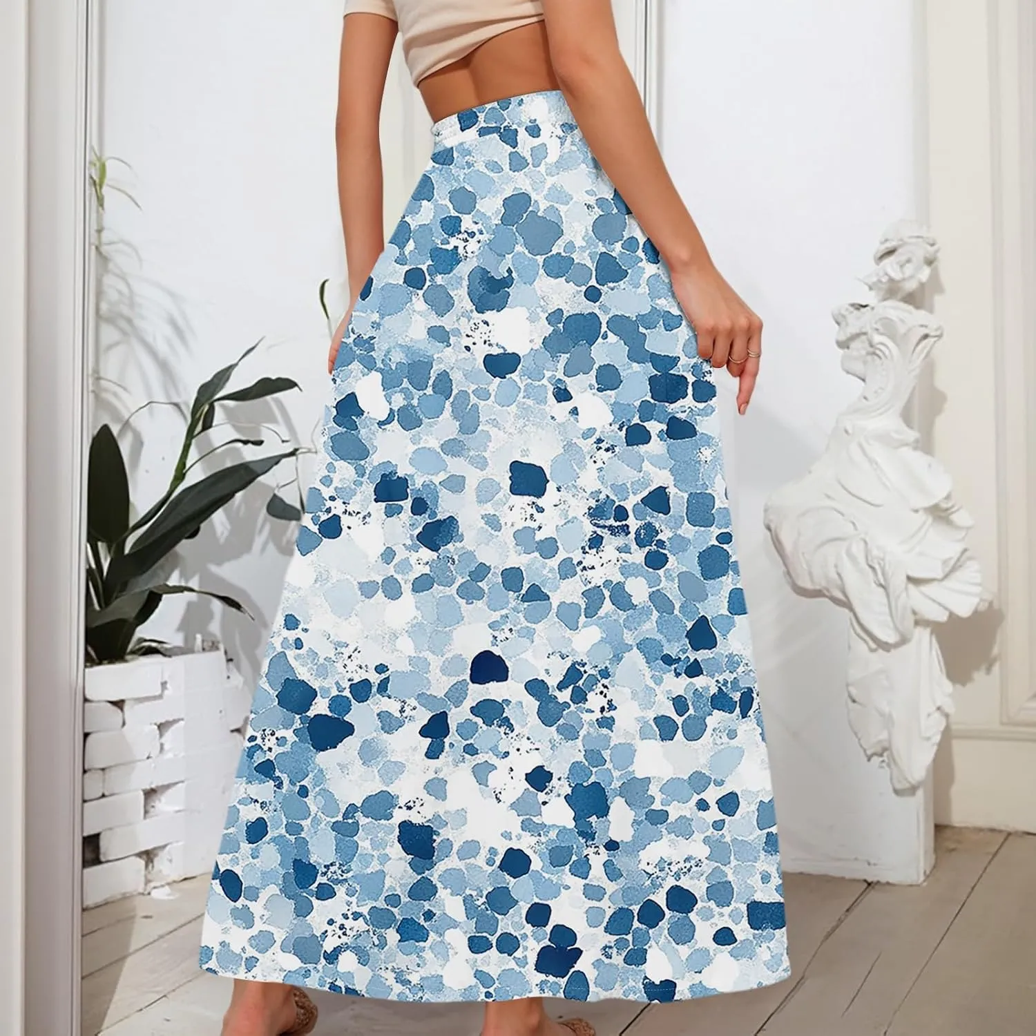 Women's Boho Floral Print Elastic Waist Beach Resort A Line Maxi Skirt with Pocket, S-2XL
