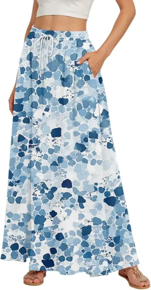 Women's Boho Floral Print Elastic Waist Beach Resort A Line Maxi Skirt with Pocket, S-2XL