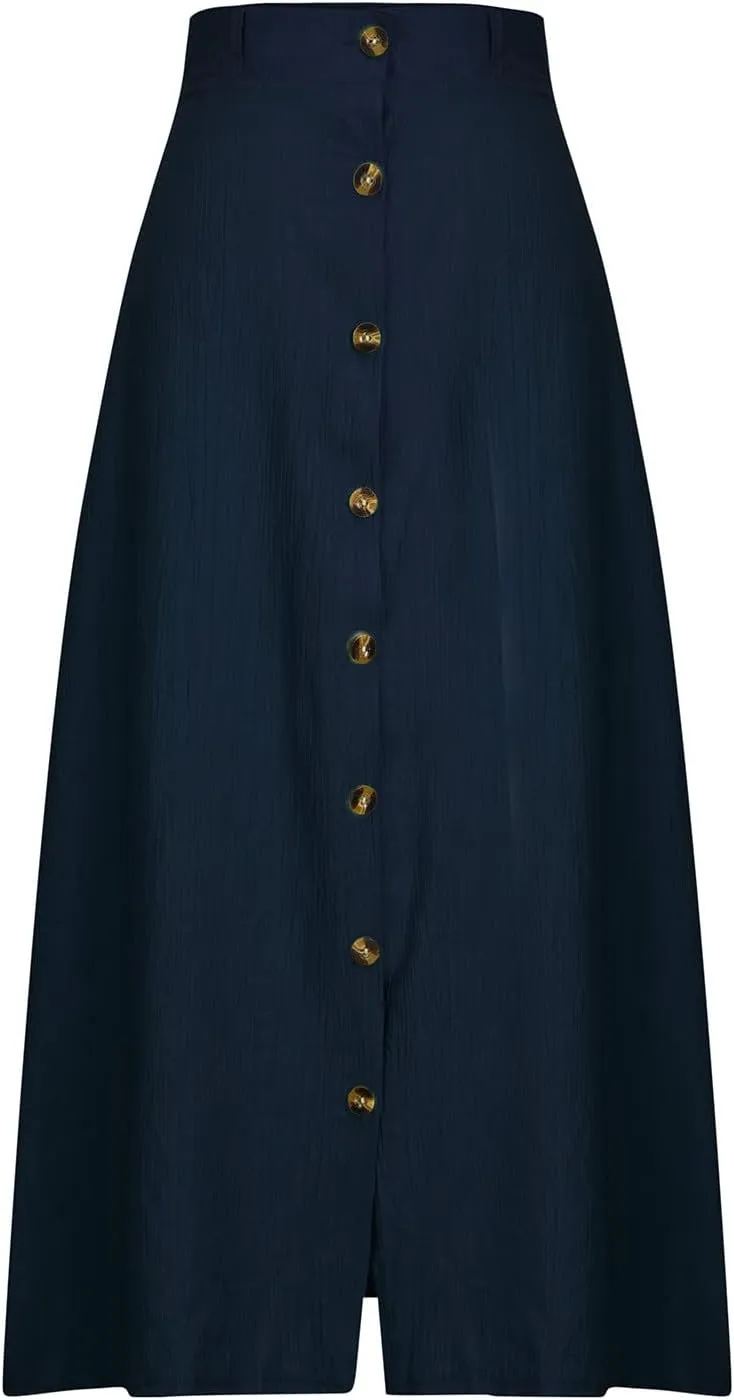 Womens Button Down Maxi Skirt Vintage Wrinkles High Waist Flowy A Line Skirts Summer Lightweight Casual Beach Skirt