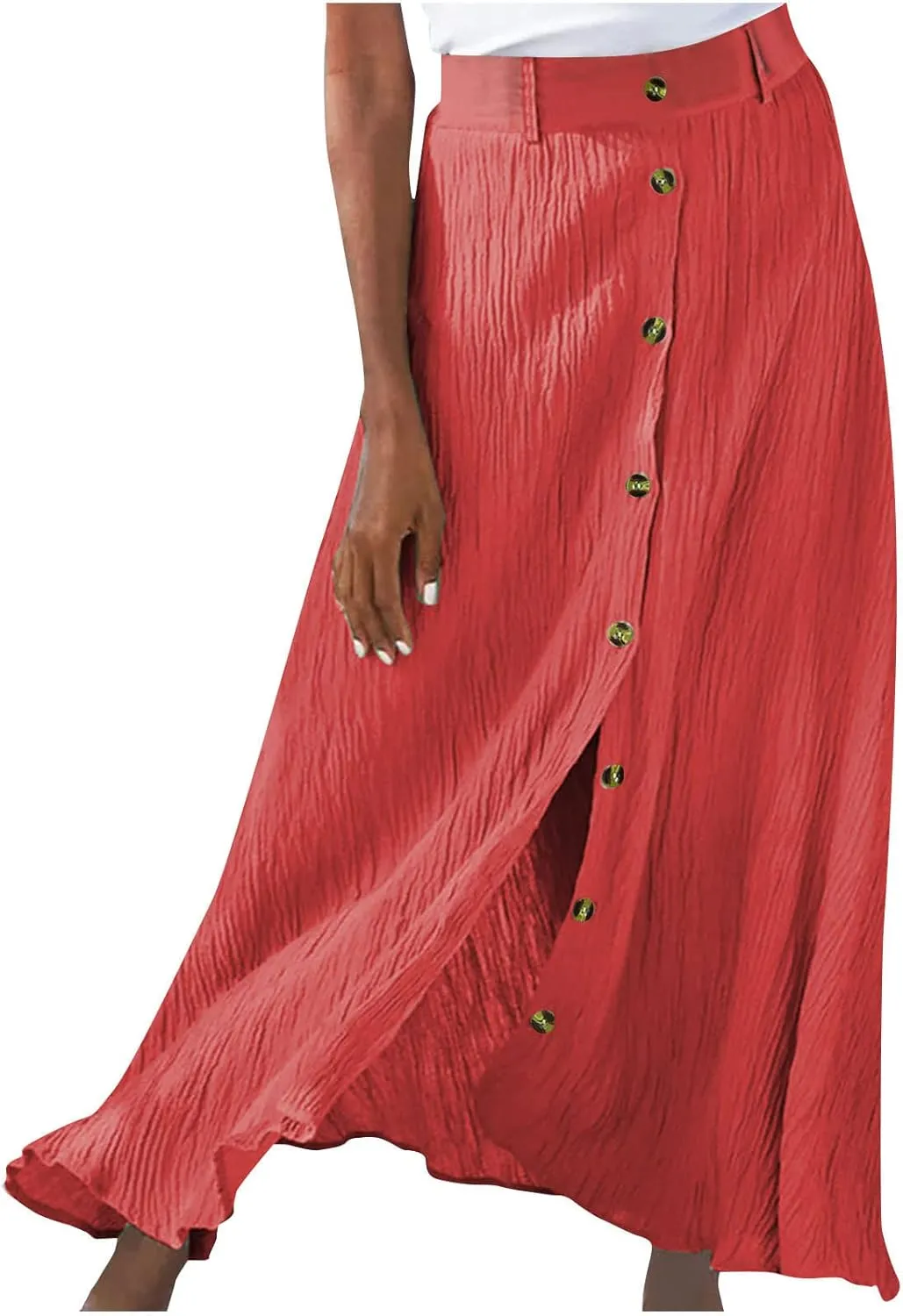 Womens Button Down Maxi Skirt Vintage Wrinkles High Waist Flowy A Line Skirts Summer Lightweight Casual Beach Skirt