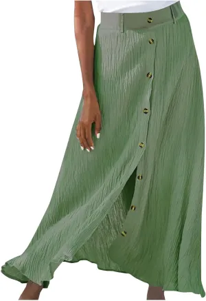 Womens Button Down Maxi Skirt Vintage Wrinkles High Waist Flowy A Line Skirts Summer Lightweight Casual Beach Skirt