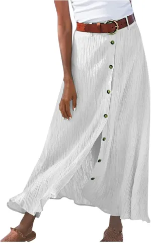 Womens Button Down Maxi Skirt Vintage Wrinkles High Waist Flowy A Line Skirts Summer Lightweight Casual Beach Skirt