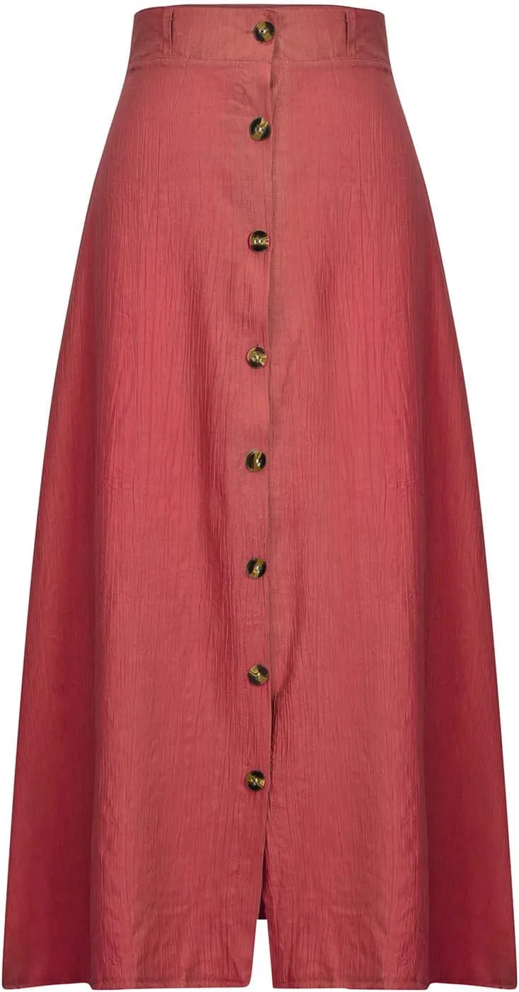 Womens Button Down Maxi Skirt Vintage Wrinkles High Waist Flowy A Line Skirts Summer Lightweight Casual Beach Skirt