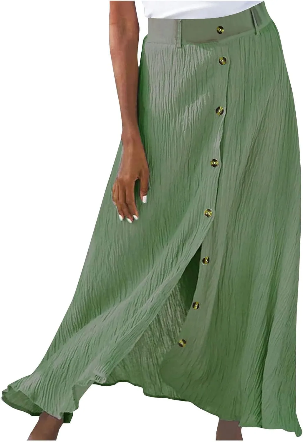 Womens Button Down Maxi Skirt Vintage Wrinkles High Waist Flowy A Line Skirts Summer Lightweight Casual Beach Skirt