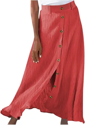 Womens Button Down Maxi Skirt Vintage Wrinkles High Waist Flowy A Line Skirts Summer Lightweight Casual Beach Skirt