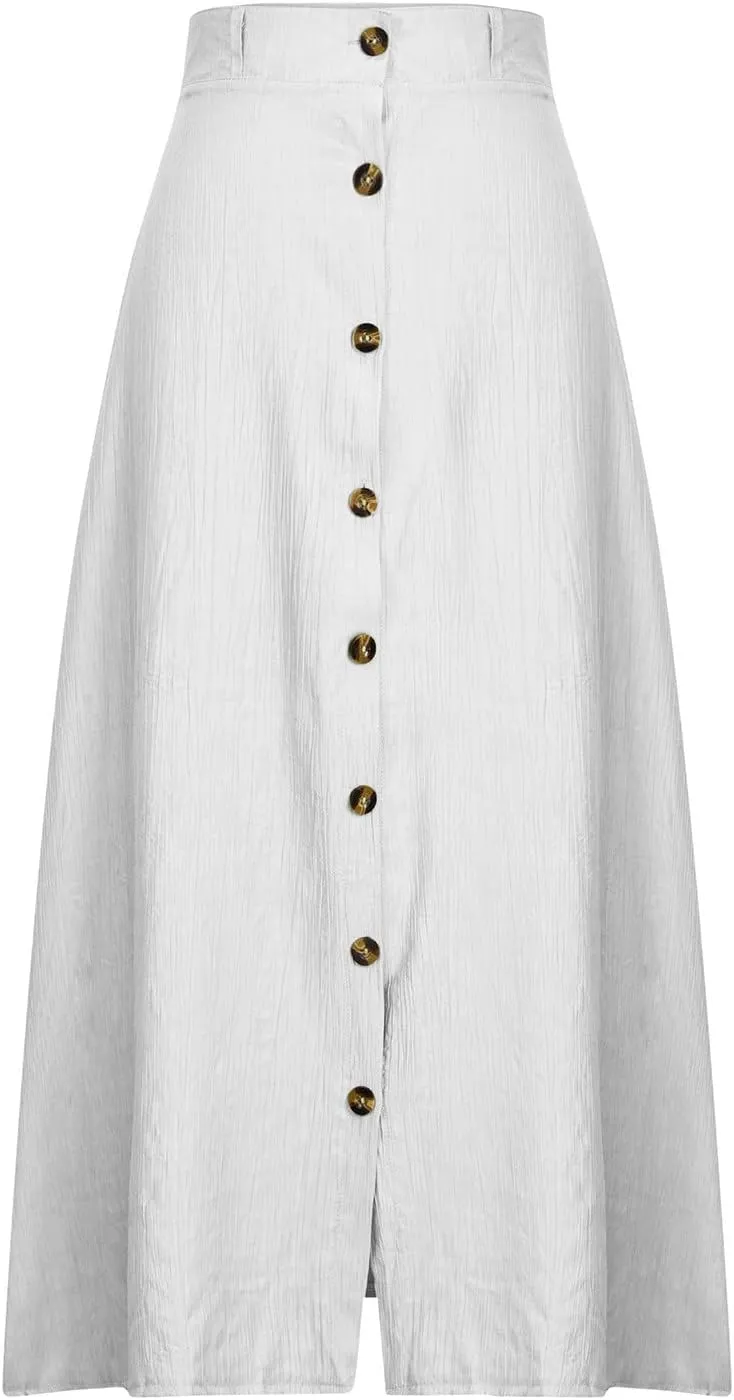 Womens Button Down Maxi Skirt Vintage Wrinkles High Waist Flowy A Line Skirts Summer Lightweight Casual Beach Skirt
