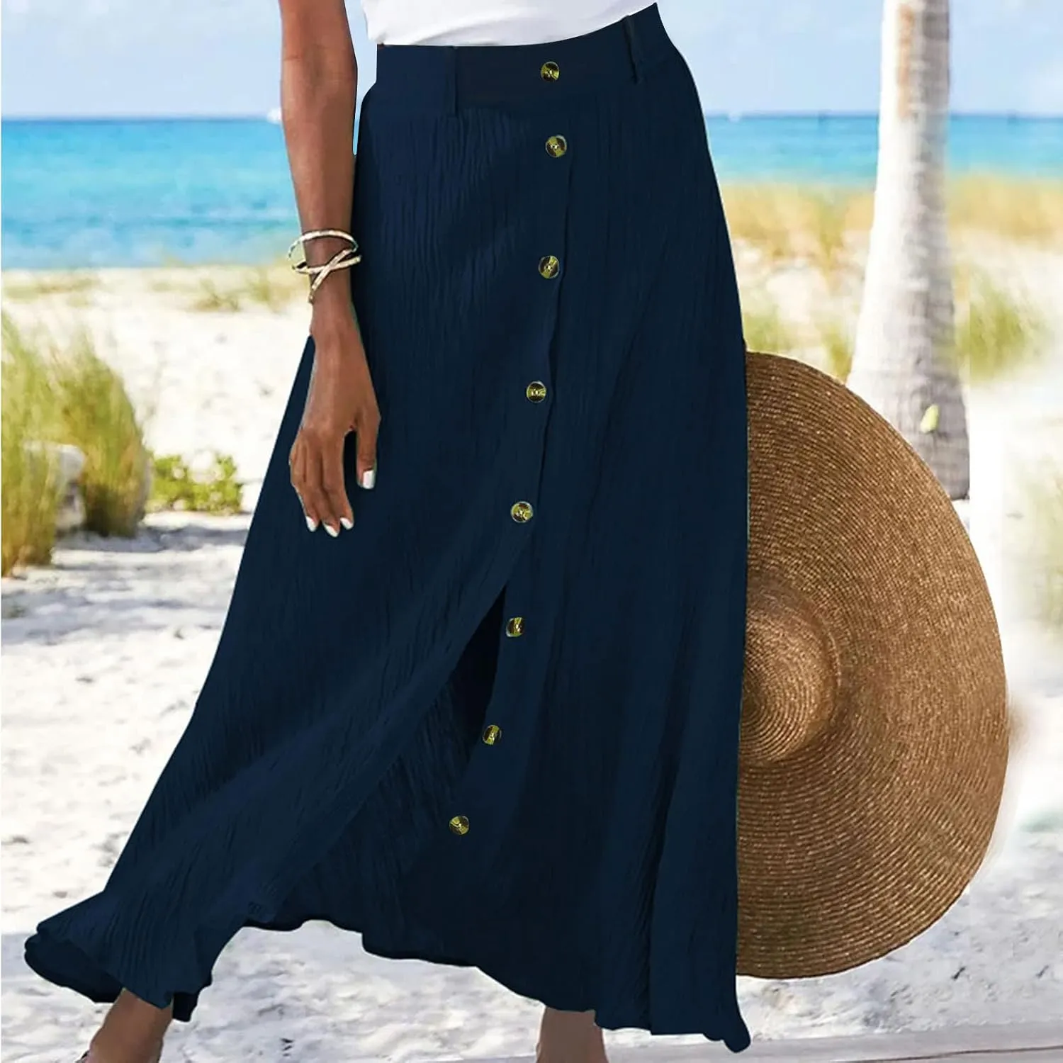 Womens Button Down Maxi Skirt Vintage Wrinkles High Waist Flowy A Line Skirts Summer Lightweight Casual Beach Skirt