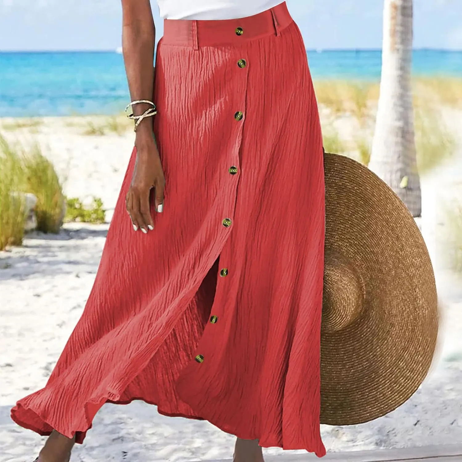 Womens Button Down Maxi Skirt Vintage Wrinkles High Waist Flowy A Line Skirts Summer Lightweight Casual Beach Skirt