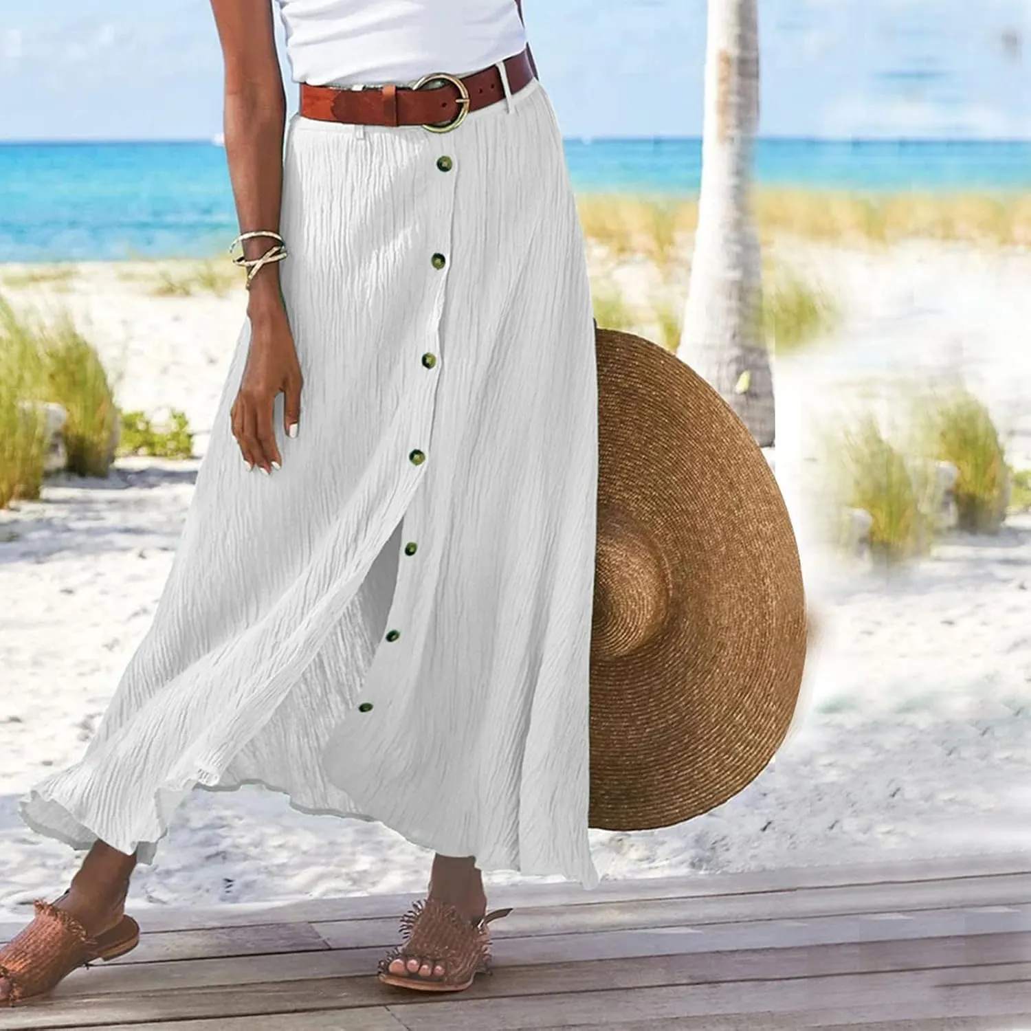 Womens Button Down Maxi Skirt Vintage Wrinkles High Waist Flowy A Line Skirts Summer Lightweight Casual Beach Skirt