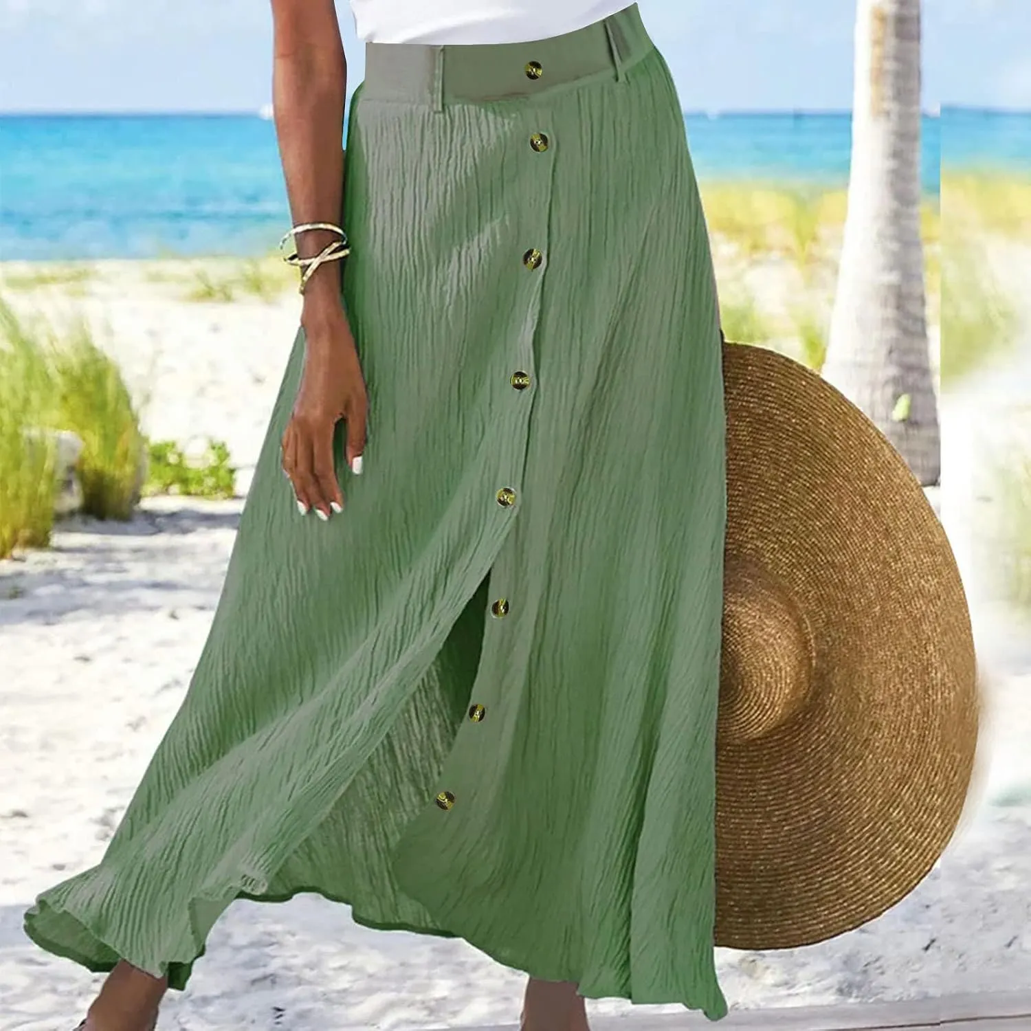 Womens Button Down Maxi Skirt Vintage Wrinkles High Waist Flowy A Line Skirts Summer Lightweight Casual Beach Skirt