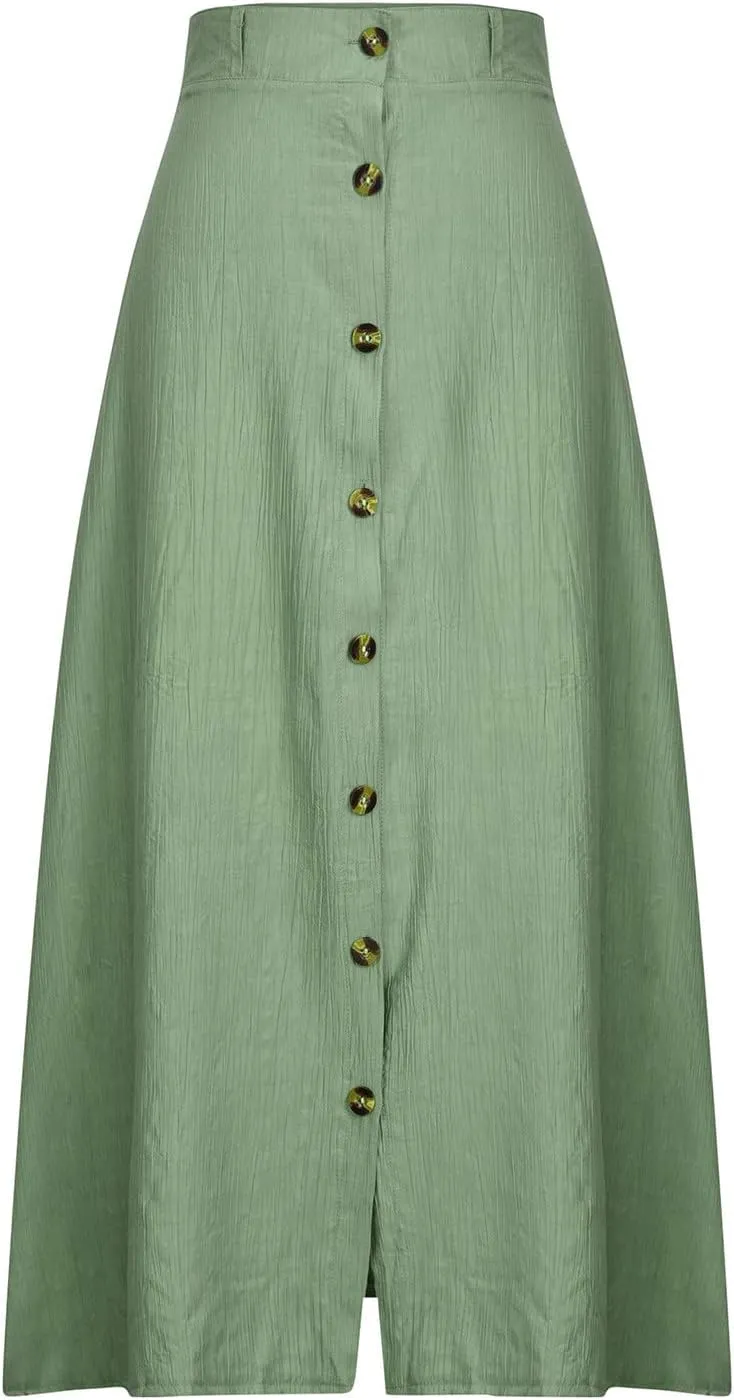 Womens Button Down Maxi Skirt Vintage Wrinkles High Waist Flowy A Line Skirts Summer Lightweight Casual Beach Skirt
