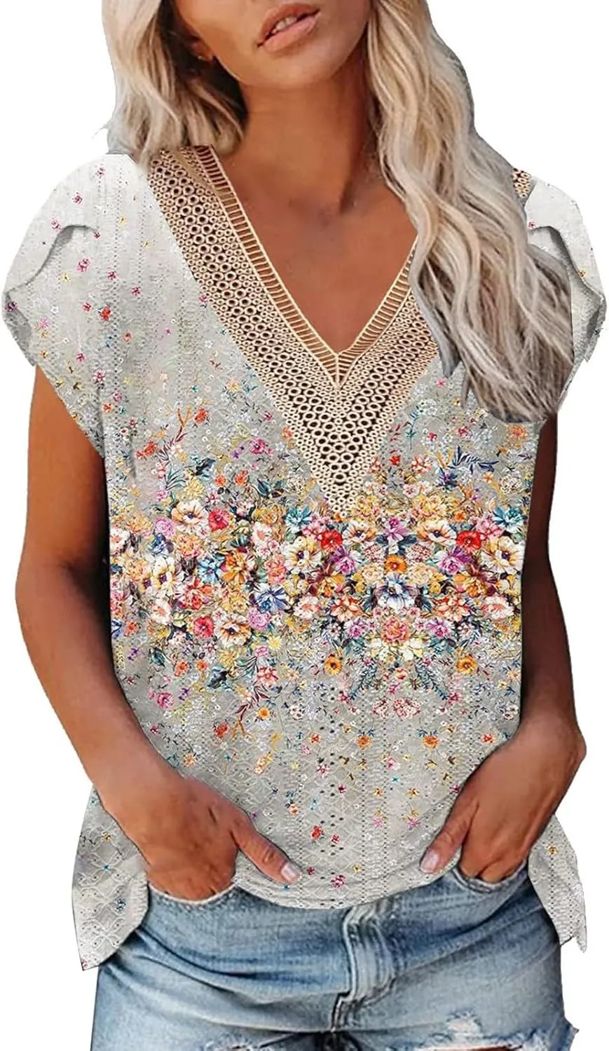 Women's Cap Sleeve Lace Trim Deep V Neck Casual Shirts 2024 Trendy Loose Tee Summer Fashion Sexy Shirt Blouse
