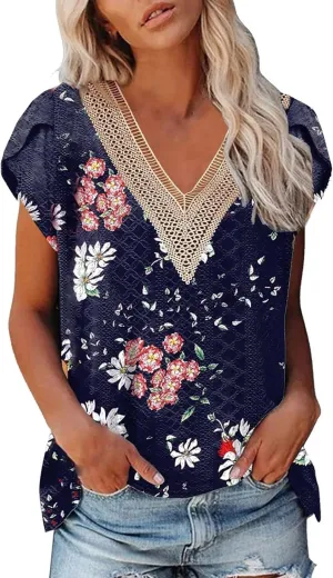 Women's Cap Sleeve Lace Trim Deep V Neck Casual Shirts 2024 Trendy Loose Tee Summer Fashion Sexy Shirt Blouse