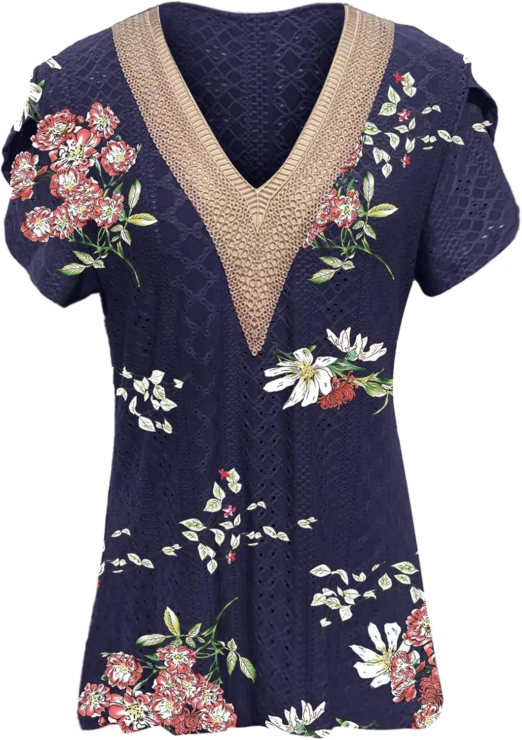 Women's Cap Sleeve Lace Trim Deep V Neck Casual Shirts 2024 Trendy Loose Tee Summer Fashion Sexy Shirt Blouse
