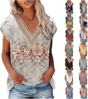 Women's Cap Sleeve Lace Trim Deep V Neck Casual Shirts 2024 Trendy Loose Tee Summer Fashion Sexy Shirt Blouse