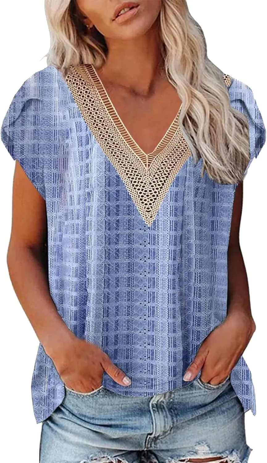 Women's Cap Sleeve Lace Trim Deep V Neck Casual Shirts 2024 Trendy Loose Tee Summer Fashion Sexy Shirt Blouse