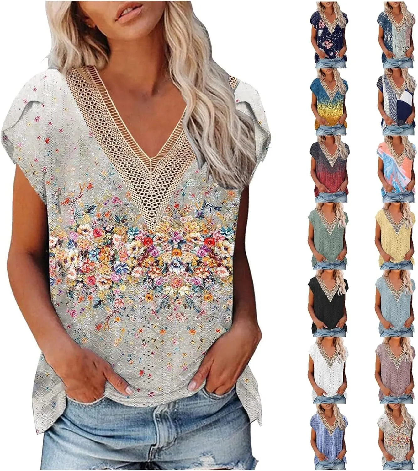 Women's Cap Sleeve Lace Trim Deep V Neck Casual Shirts 2024 Trendy Loose Tee Summer Fashion Sexy Shirt Blouse