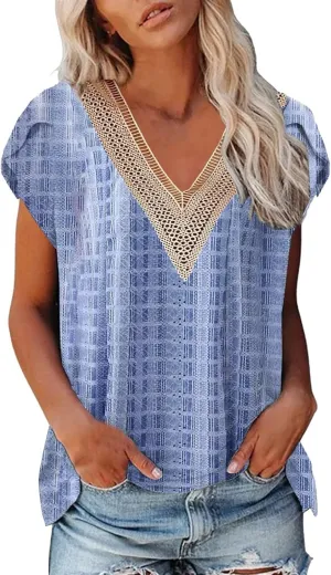 Women's Cap Sleeve Lace Trim Deep V Neck Casual Shirts 2024 Trendy Loose Tee Summer Fashion Sexy Shirt Blouse