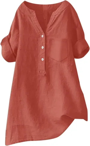 Womens Collared Button Down Shirts Solid Long Sleeve Linen Summer Casual Dress Blouse Top Loose Fit Tee Tops
