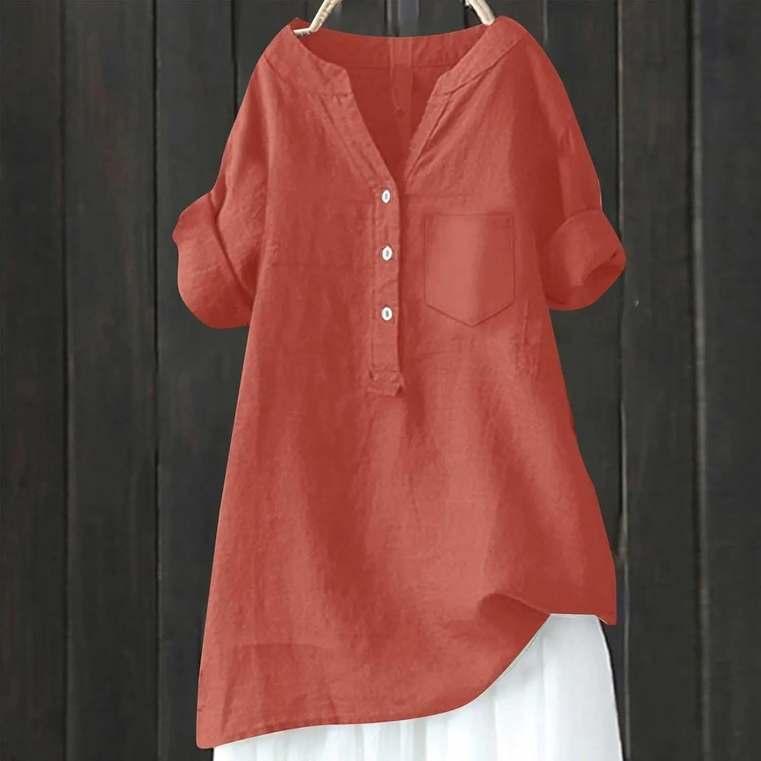 Womens Collared Button Down Shirts Solid Long Sleeve Linen Summer Casual Dress Blouse Top Loose Fit Tee Tops