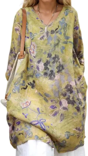 Women’s Cotton Linen 3/4 Sleeve Floral Print V Neck Dresses Plus Size Vintage Casual Loose Tshirt Dress with Pockets