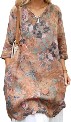 Women’s Cotton Linen 3/4 Sleeve Floral Print V Neck Dresses Plus Size Vintage Casual Loose Tshirt Dress with Pockets