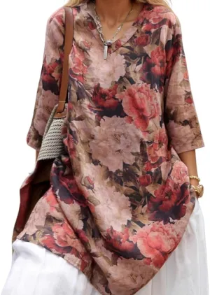 Women’s Cotton Linen 3/4 Sleeve Floral Print V Neck Dresses Plus Size Vintage Casual Loose Tshirt Dress with Pockets