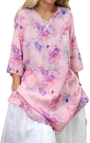 Women’s Cotton Linen 3/4 Sleeve Floral Print V Neck Dresses Plus Size Vintage Casual Loose Tshirt Dress with Pockets
