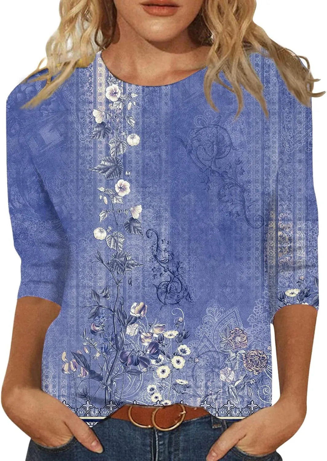 Women's Crewneck 3/4 Sleeve Tops,Casual Trendy Loose Fit Summer T Shirts Plain Tees Basic Tunic Blouses