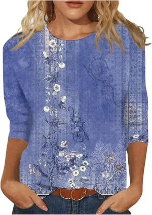 Women's Crewneck 3/4 Sleeve Tops,Casual Trendy Loose Fit Summer T Shirts Plain Tees Basic Tunic Blouses
