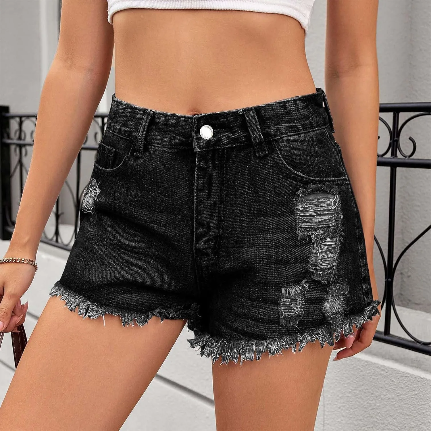 Women's Denim Shorts 2025 Summer High Rise Ripped Stretchy Jean Shorts Distressed Frayed Raw Hem Casual Short Jeans