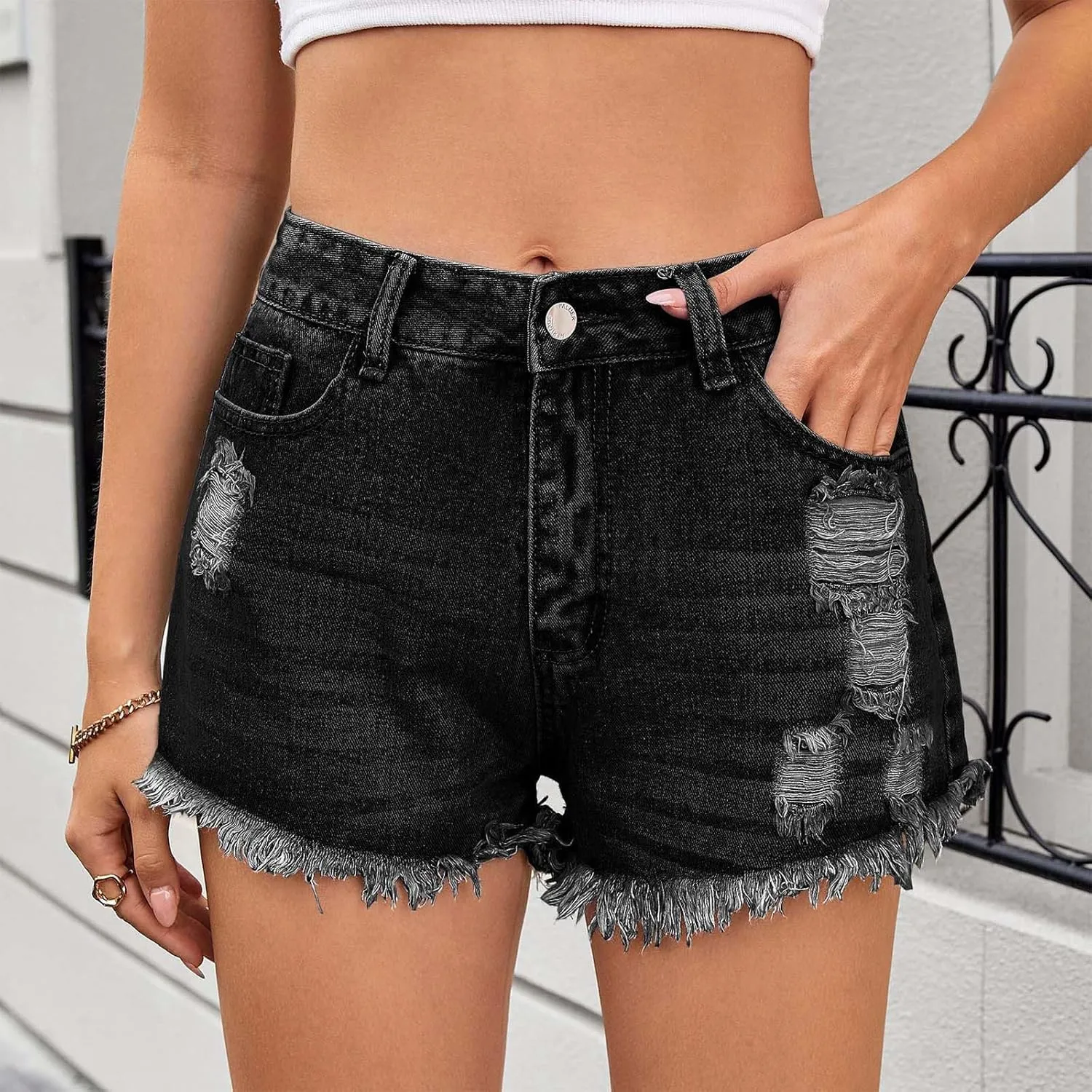 Women's Denim Shorts 2025 Summer High Rise Ripped Stretchy Jean Shorts Distressed Frayed Raw Hem Casual Short Jeans