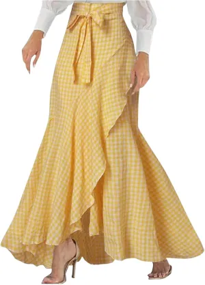 Women's Dressy Plaid Mermaid Maxi Skirt Bowtie High Waist A Line Skirts Flowy Wrap Ruffle Hem Fishtail Long Skirt