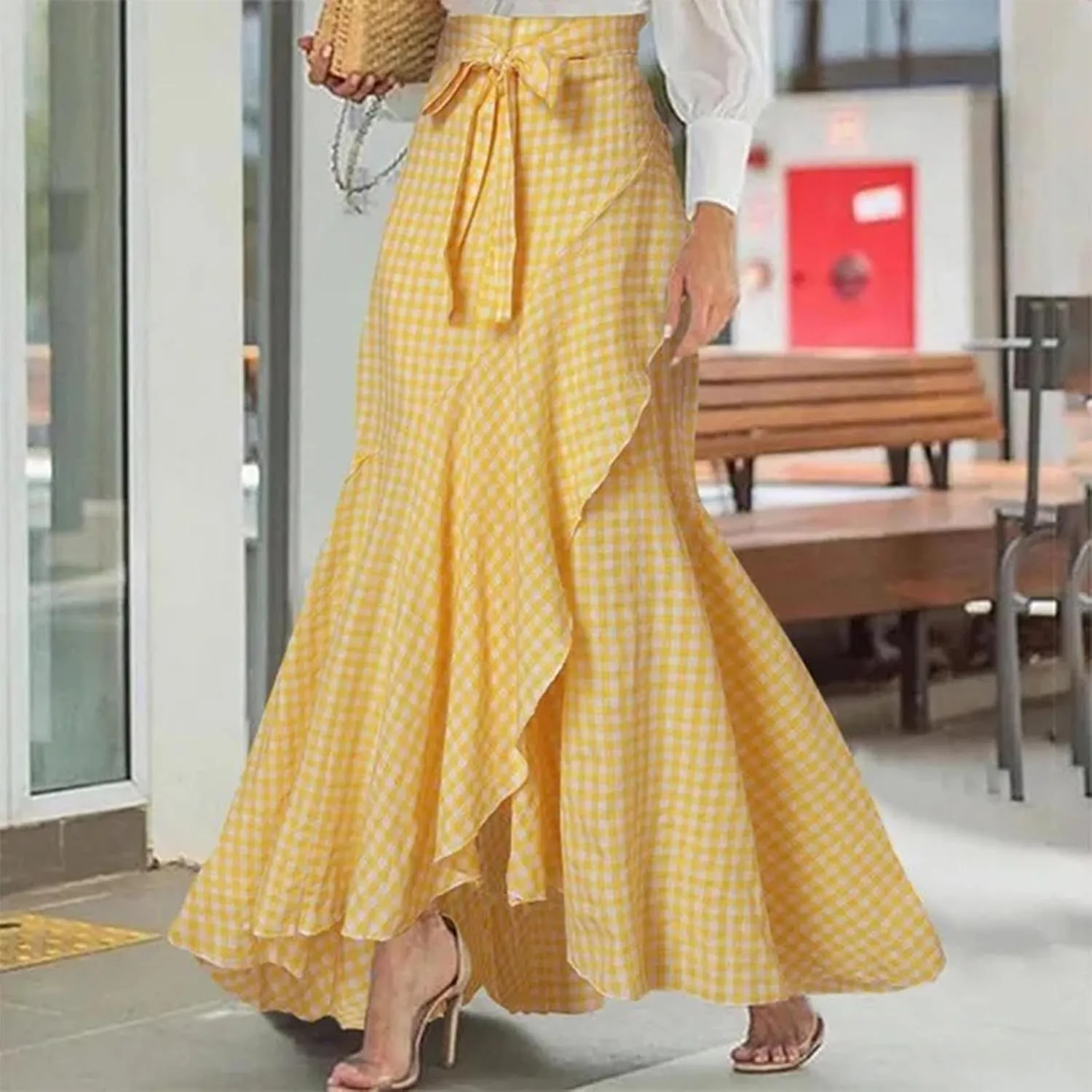 Women's Dressy Plaid Mermaid Maxi Skirt Bowtie High Waist A Line Skirts Flowy Wrap Ruffle Hem Fishtail Long Skirt