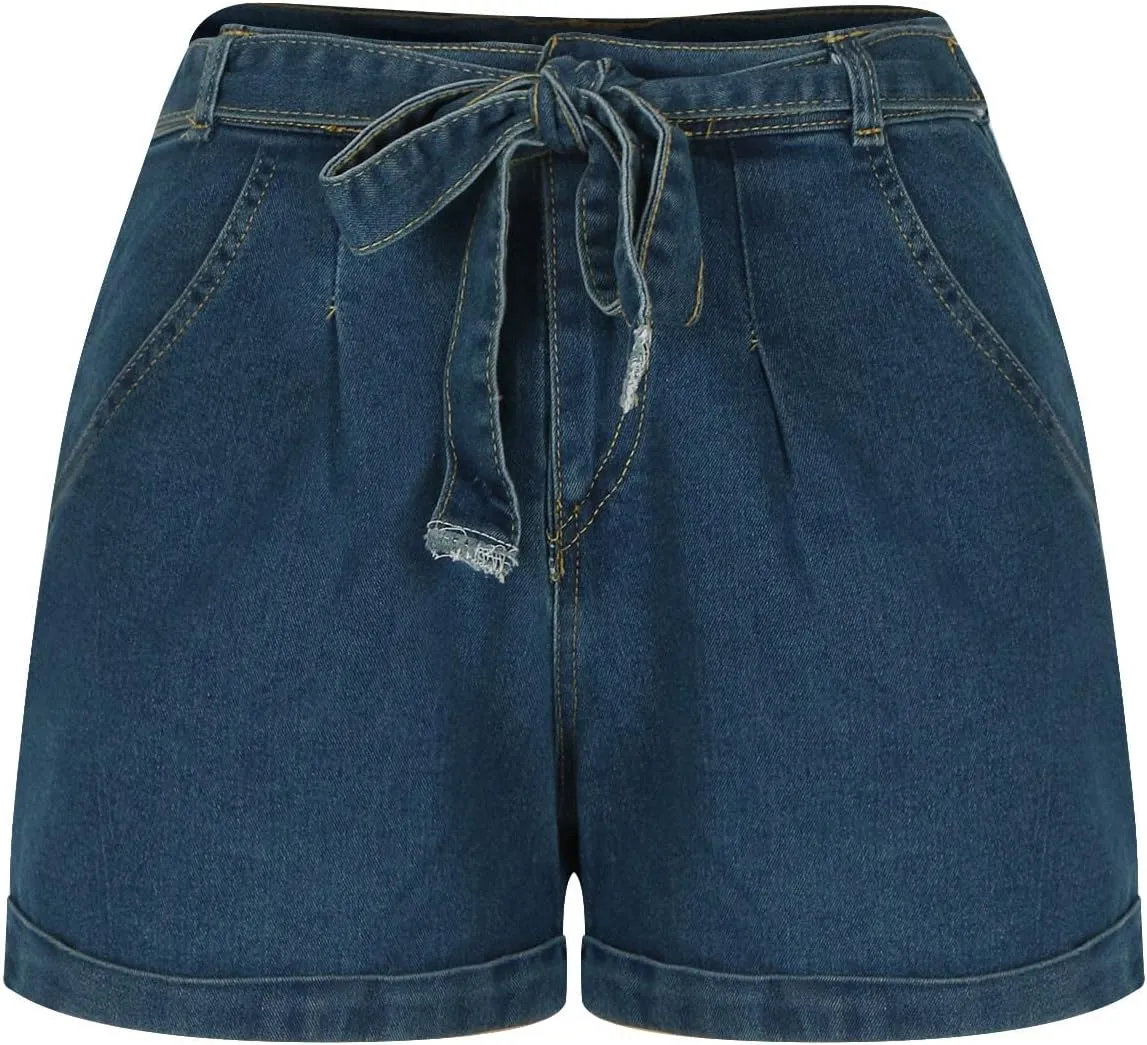 Women's Elastic Waist Tie Front Straight Denim Shorts Casual Drawstring Jean Shorts Summer Beach Shorts with Pocket