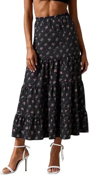Womens Floral Maxi Skirt Flowy Boho Elastic Waist Pleated A-Line Skirts Summer Beach Swing Long Skirts 2025 Fashion