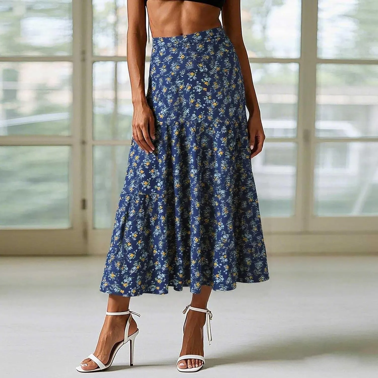Womens Floral Maxi Skirt Flowy Boho Elastic Waist Pleated A-Line Skirts Summer Beach Swing Long Skirts 2025 Fashion