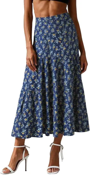 Womens Floral Maxi Skirt Flowy Boho Elastic Waist Pleated A-Line Skirts Summer Beach Swing Long Skirts 2025 Fashion