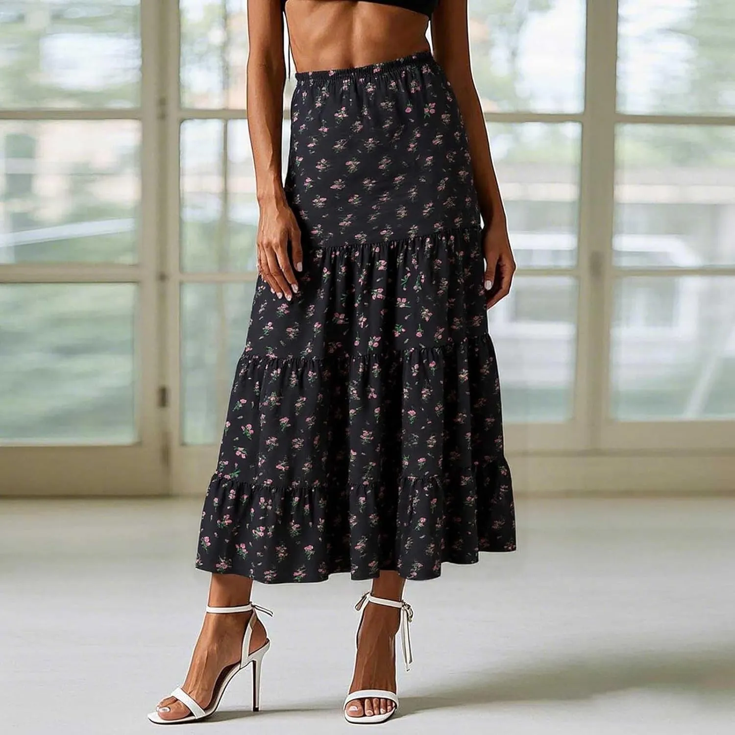 Womens Floral Maxi Skirt Flowy Boho Elastic Waist Pleated A-Line Skirts Summer Beach Swing Long Skirts 2025 Fashion