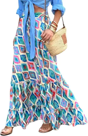 Womens Floral Print Boho Maxi Skirt Casual High Waist Flowy Skirts A Line Swing Long Skirts Summer Beach Vacation Skirt