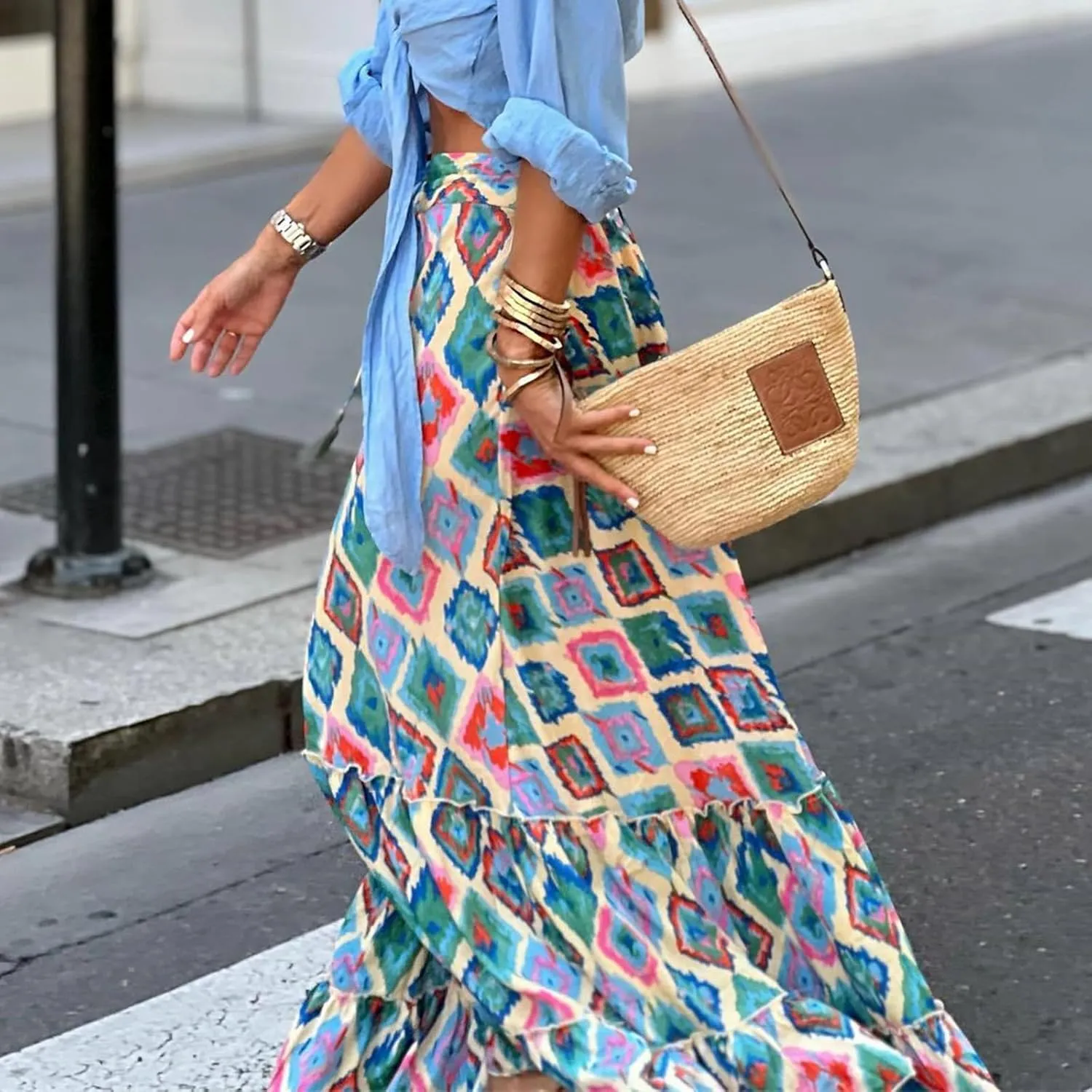 Womens Floral Print Boho Maxi Skirt Casual High Waist Flowy Skirts A Line Swing Long Skirts Summer Beach Vacation Skirt