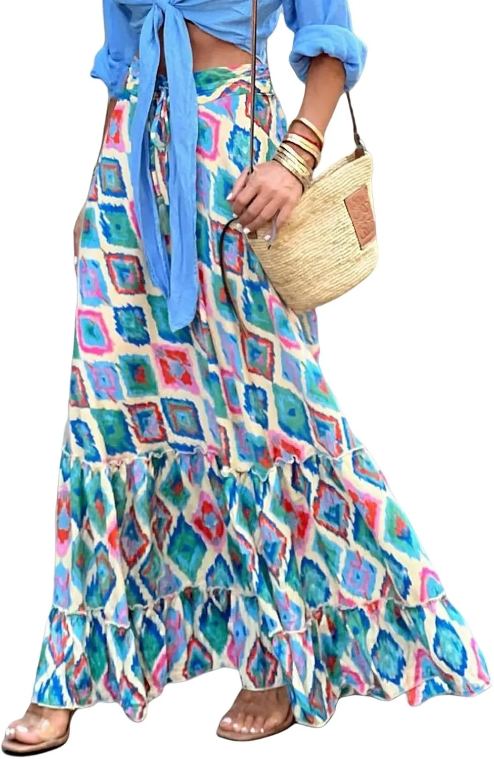 Womens Floral Print Boho Maxi Skirt Casual High Waist Flowy Skirts A Line Swing Long Skirts Summer Beach Vacation Skirt