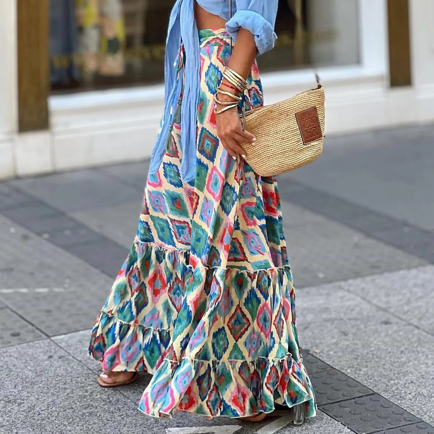 Womens Floral Print Boho Maxi Skirt Casual High Waist Flowy Skirts A Line Swing Long Skirts Summer Beach Vacation Skirt