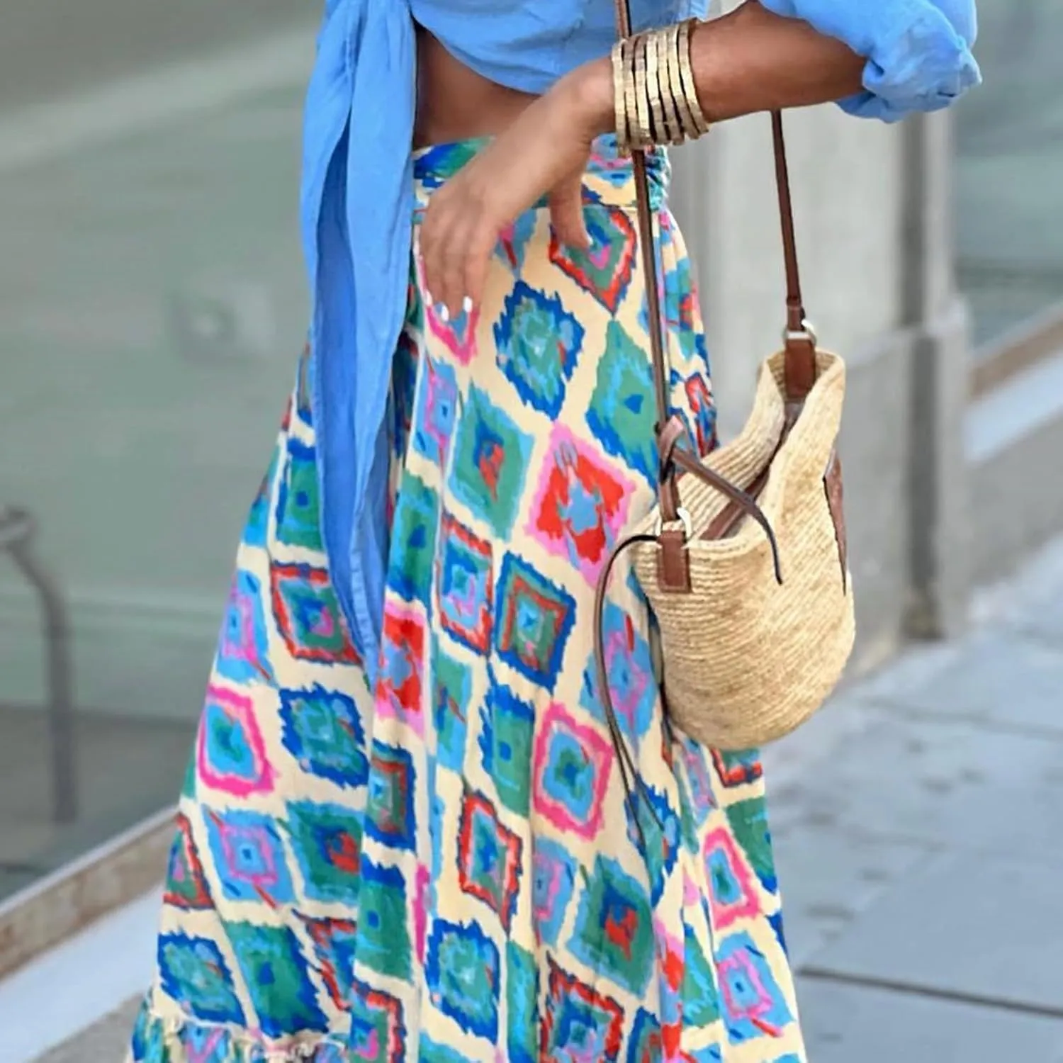 Womens Floral Print Boho Maxi Skirt Casual High Waist Flowy Skirts A Line Swing Long Skirts Summer Beach Vacation Skirt