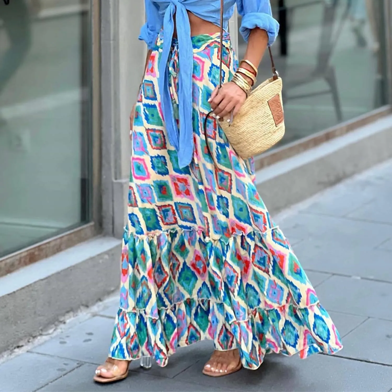 Womens Floral Print Boho Maxi Skirt Casual High Waist Flowy Skirts A Line Swing Long Skirts Summer Beach Vacation Skirt