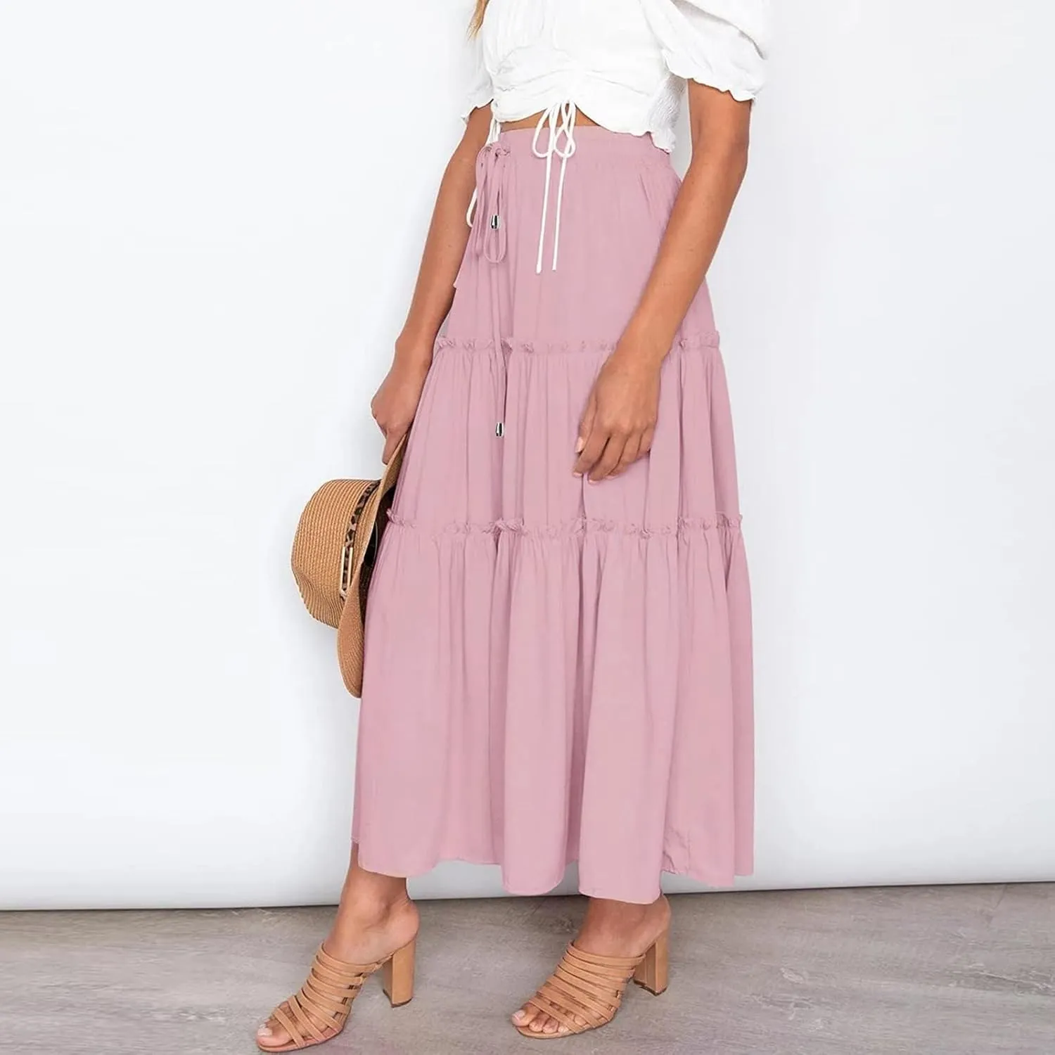 Women's Flowy Boho Maxi Skirt A Line High Waist Skirts Casual Pleated Tiered Long Skirts Summer Beach Vacation Skirt